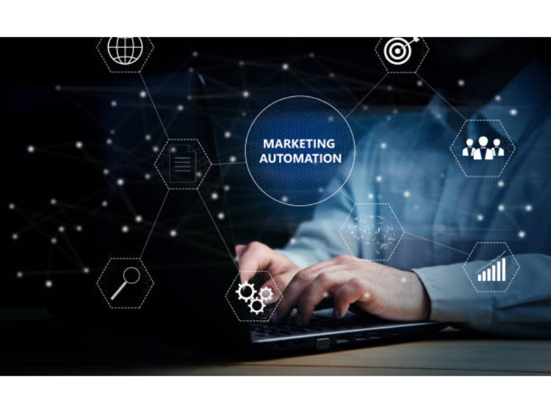 An illustration depicting marketing automation processes, showing interconnected tools and systems working together to streamline tasks such as email campaigns, customer segmentation, and analytics