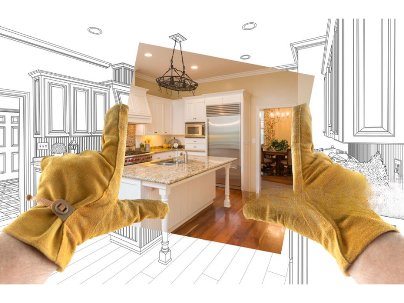 "Contractors working on kitchen renovation, installing cabinets and plumbing systems.