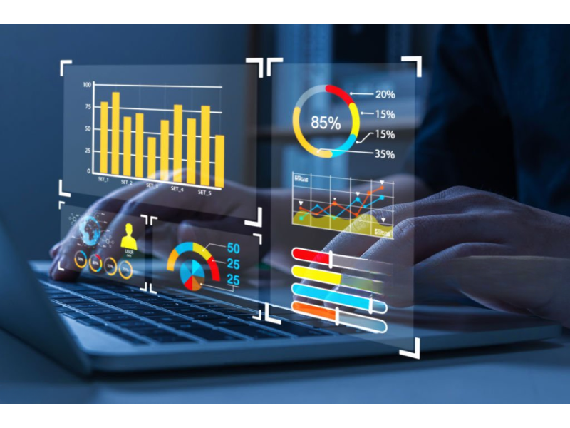 A visual representation of predictive analytics, featuring a combination of bar charts and pie charts, illustrating data trends and insights.